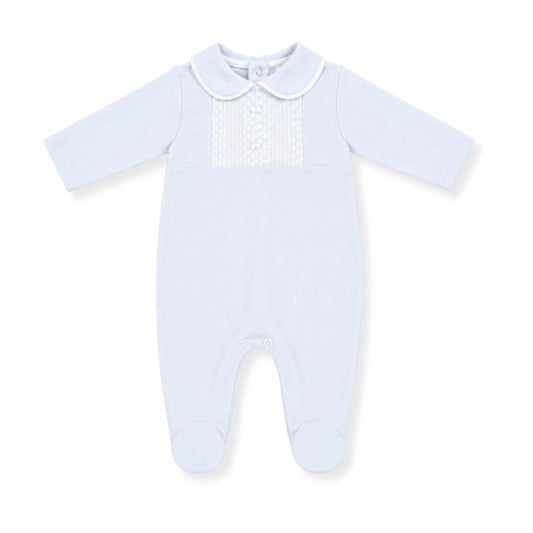 Baby Blue Smocked Babygrow with Collar – Traditional Newborn Sleepsuit