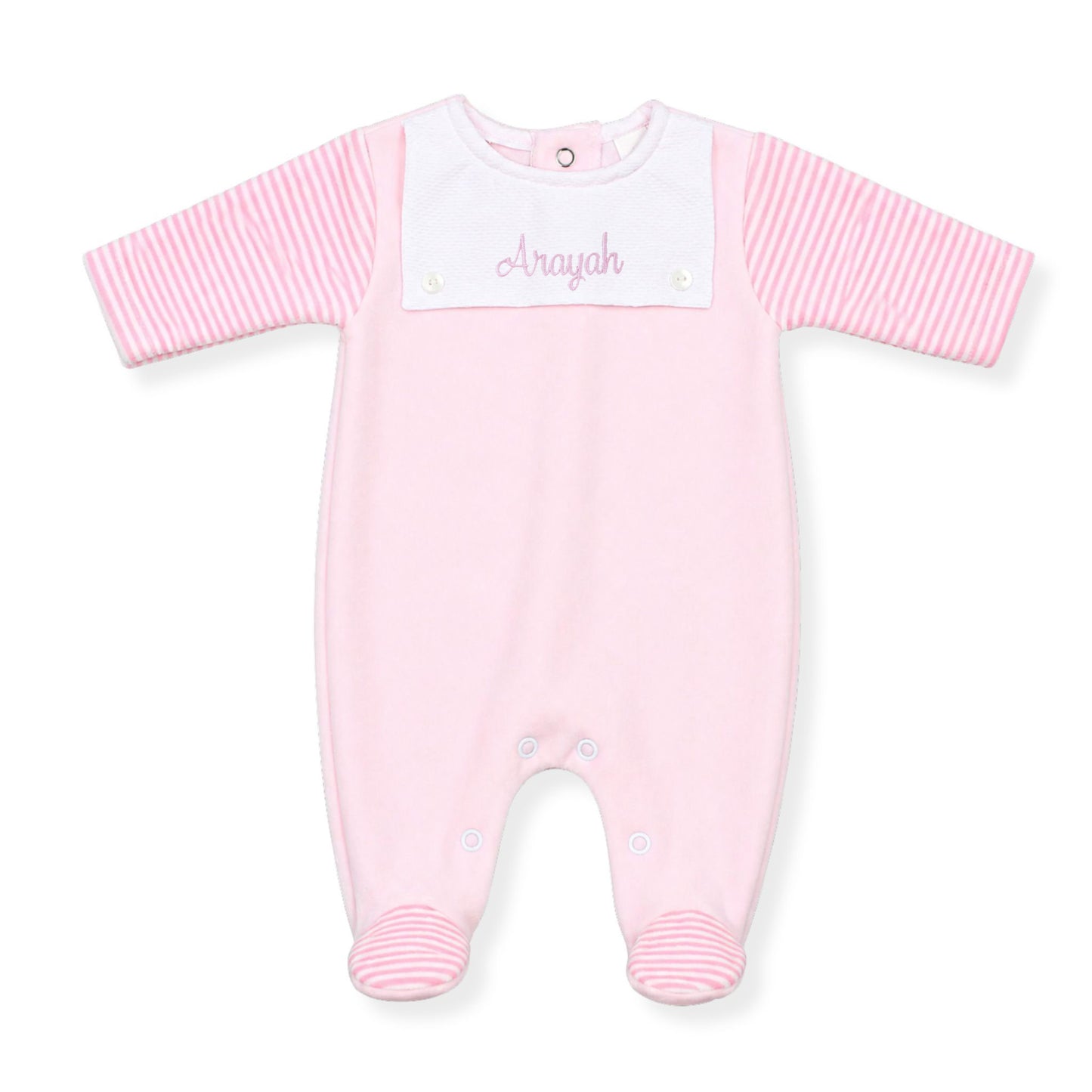 Personalised pink velour baby sleepsuit with striped sleeves and embroidered baby name