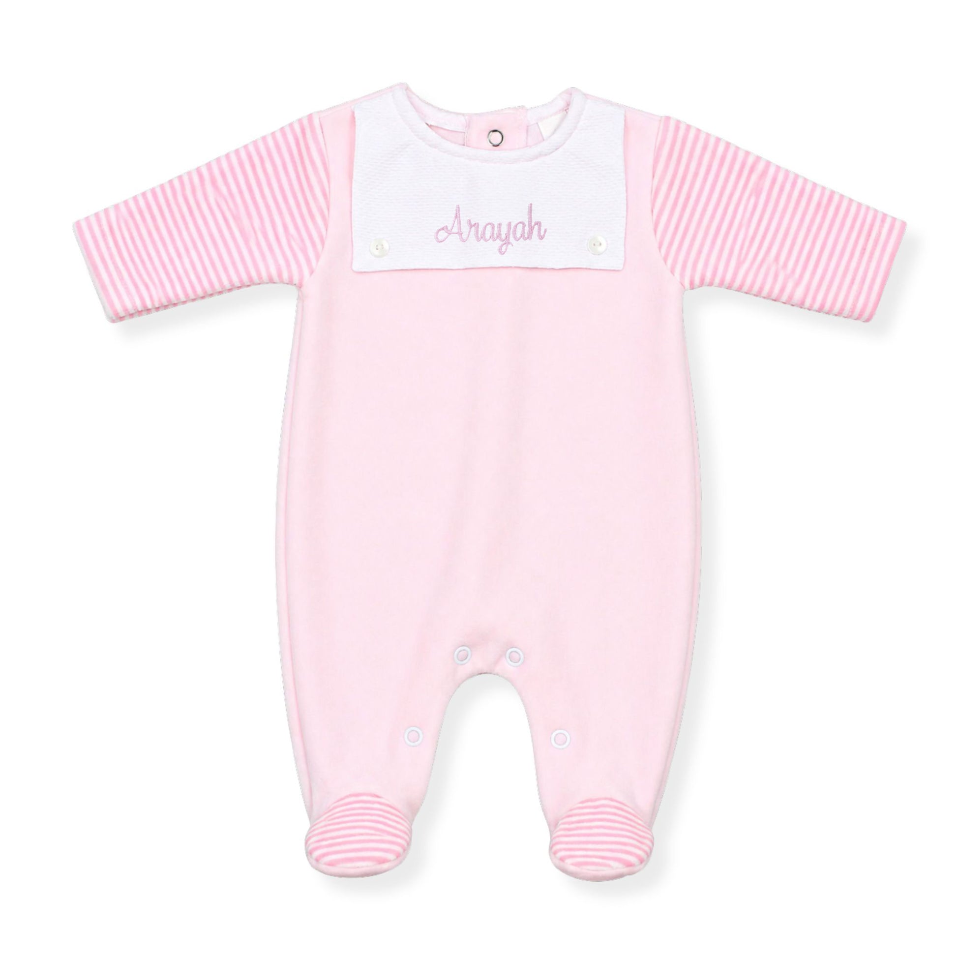 Personalised pink velour baby sleepsuit with striped sleeves and embroidered baby name