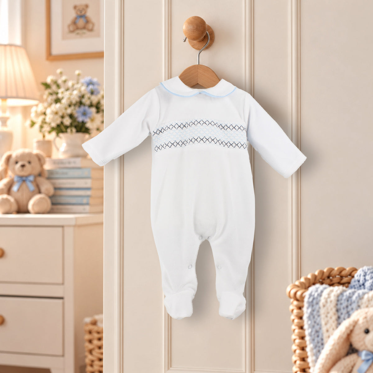 White Velour Baby Boys Sleepsuit with Blue Smocked Detail