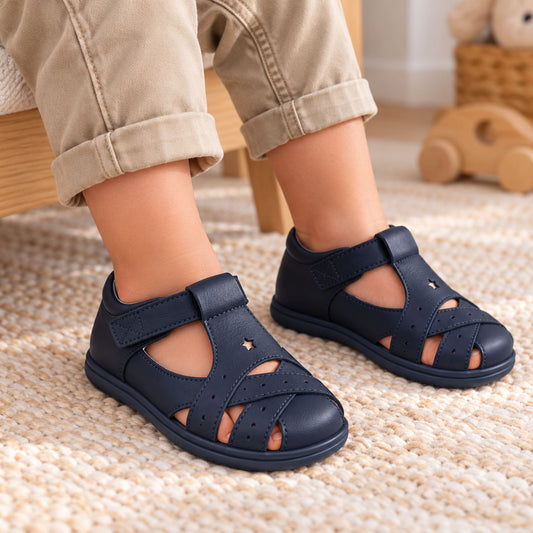 A child wearing navy blue cutout sandals with hook-and-loop straps, standing on a textured beige rug in a nursery setting.