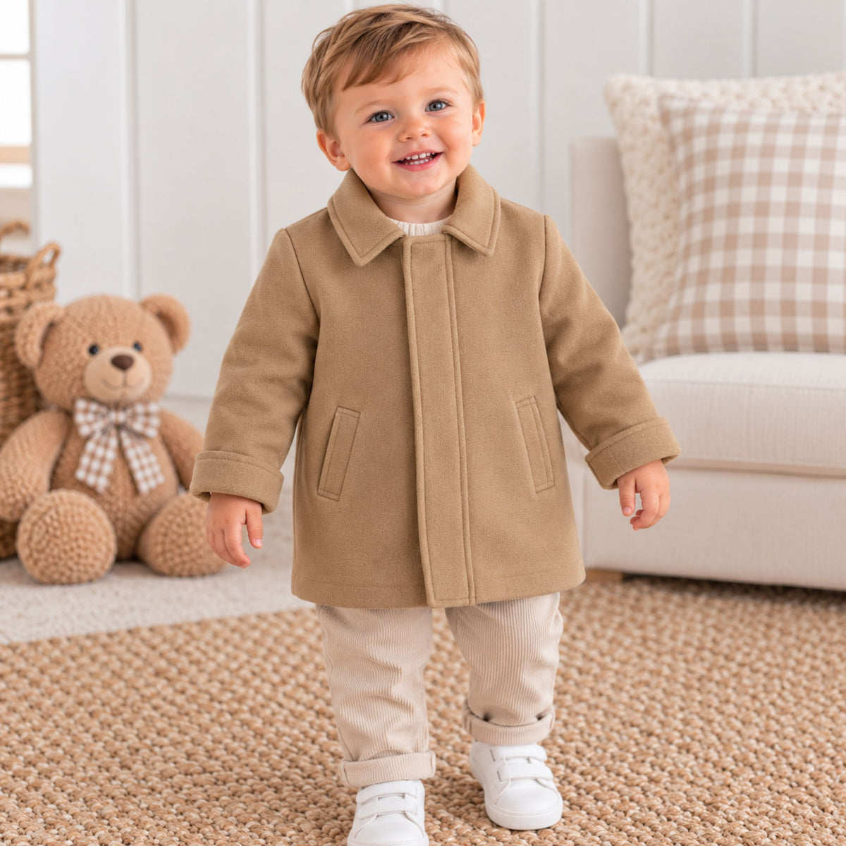 A smiling toddler standing indoors wearing a camel-brown coat, cream pants, and white shoes. A teddy bear sits on the left, with a sofa and pillow in the background.