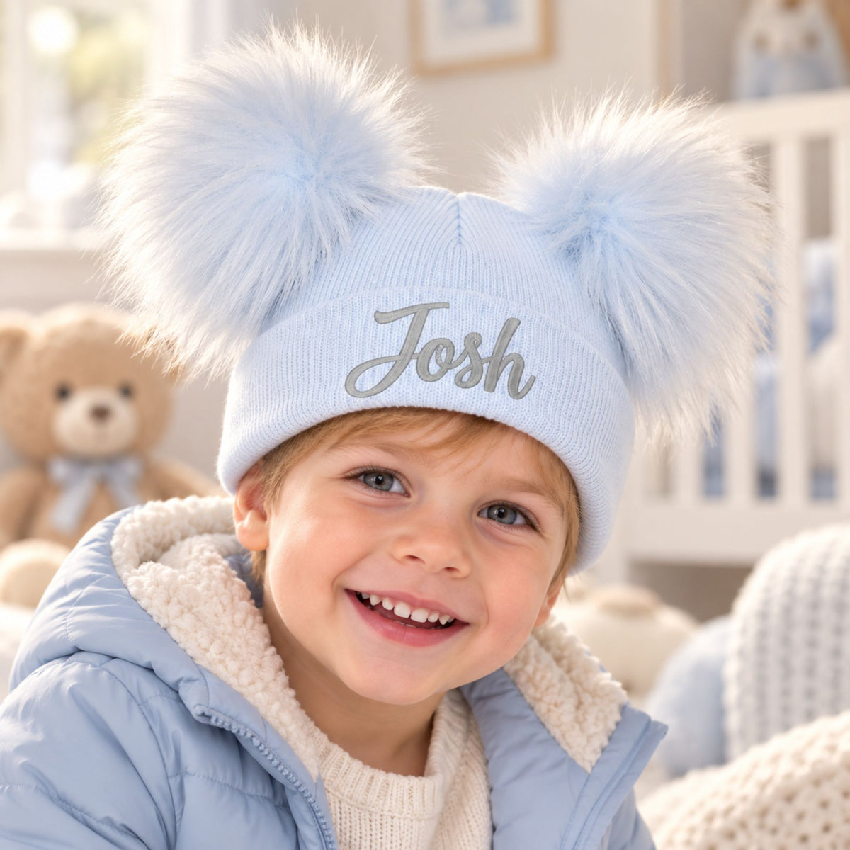Personalised Pastel Blue Double Pom Hat - 1 to 6 years