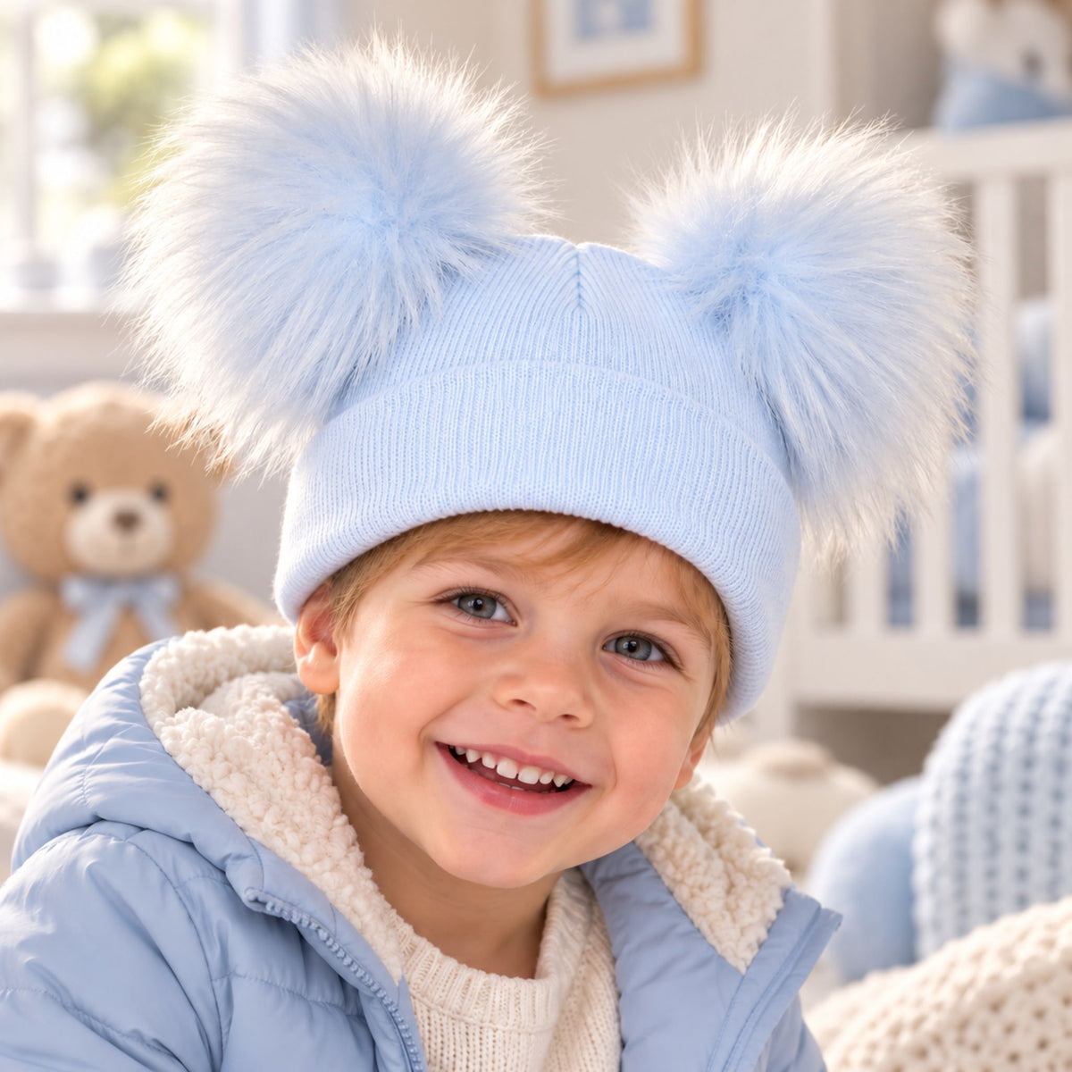 A smiling young child wearing a light blue knit beanie with two large fluffy pom-poms, photographed indoors in a bright nursery-like setting.