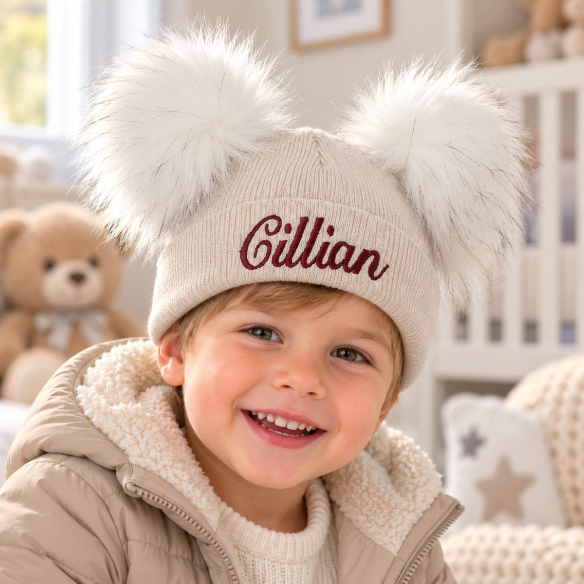 Personalised Beige Double Pom Hat - 1 to 6 years