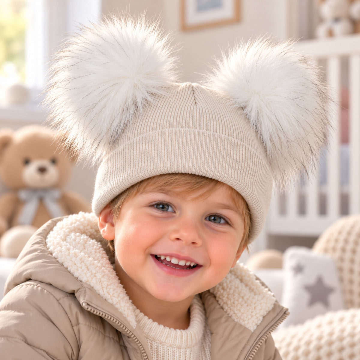 Beige Double Pom Hat - 1 to 6 years
