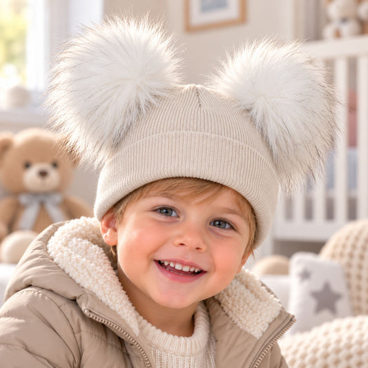 Beige Double Pom Hat - 1 to 6 years