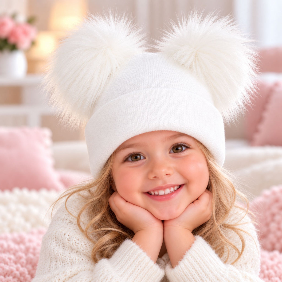 Kids Knitted Double Pom Pom Hat | Faux Fur Pom Hat (1–6 Years)