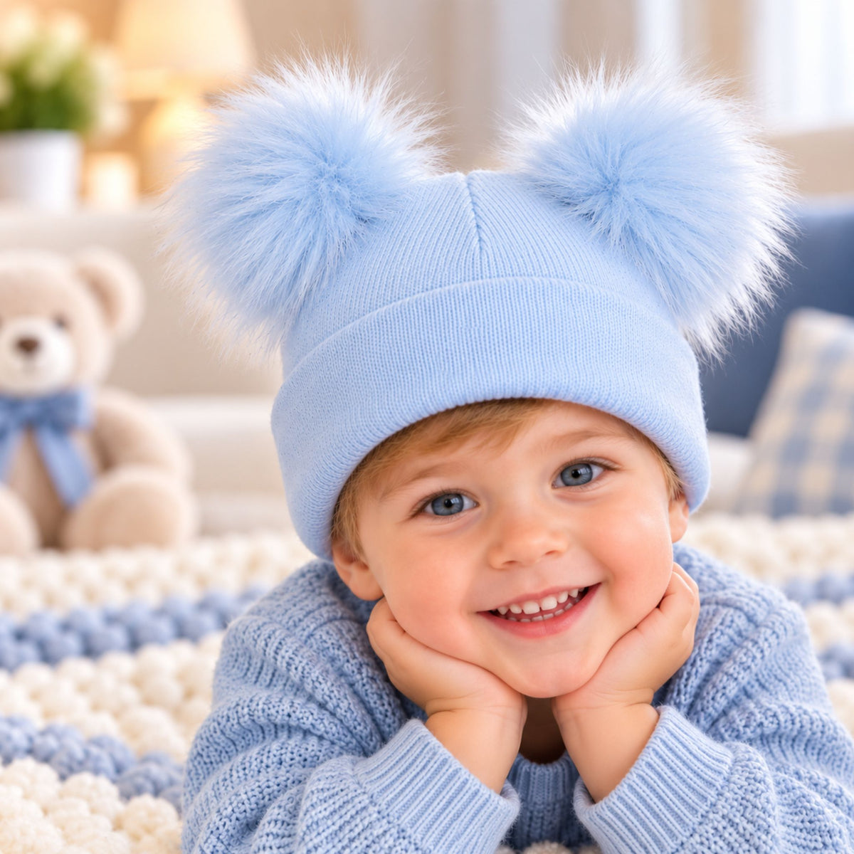 Kids Knitted Double Pom Pom Hat | Faux Fur Pom Hat (1–6 Years)
