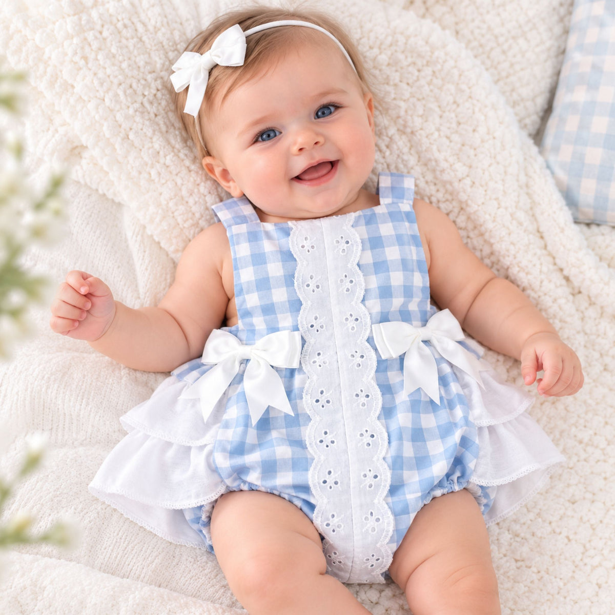 A baby wearing a light blue and white gingham romper with a white eyelet center panel, white bow details, and a white ruffled hem, lying on a soft cream blanket.