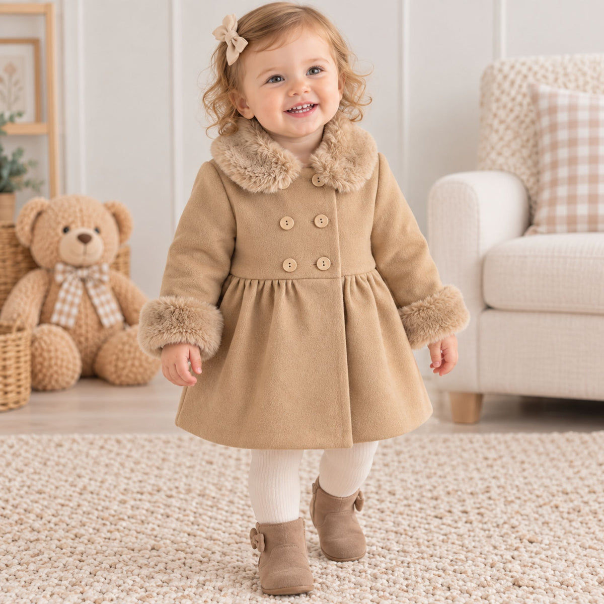 A toddler girl stands in a cozy room wearing a beige wool-like coat with a faux-fur collar and cuffs, white tights, and brown ankle boots. A teddy bear sits on the left, and a light-colored armchair is on the right.