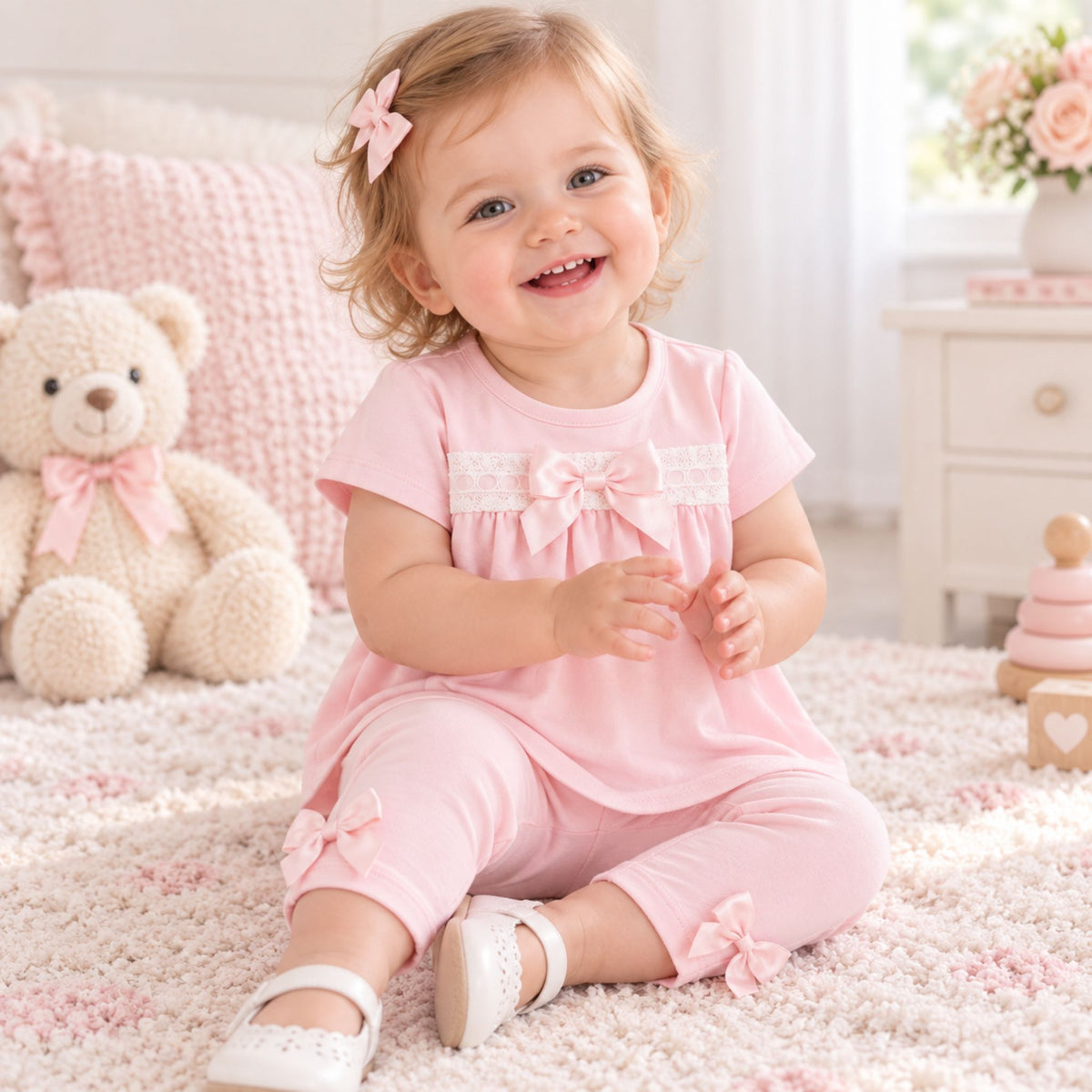 A smiling toddler girl wearing a light pink two-piece outfit with matching bow details sits on a fluffy cream rug in a bright nursery setting, with a teddy bear and soft decor in the background.
