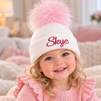 Personalised White Pink Pom Hat - 1 to 6 years