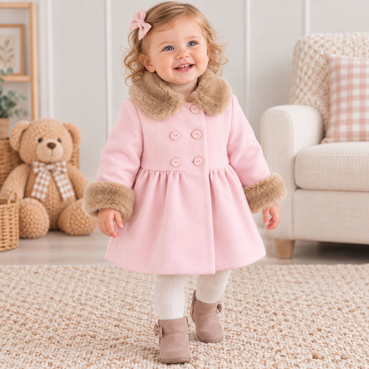 A toddler girl wearing a light pink winter coat with brown faux-fur trim, white leggings, and beige boots, standing on a textured rug in a cozy room with a teddy bear and sofa in the background.