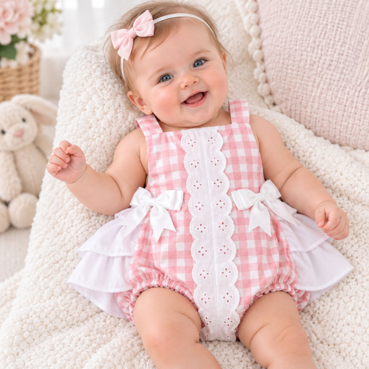 A baby girl wearing a pink and white gingham romper with white eyelet trim, ruffled layers, and bow details, sitting on a soft cream blanket with a stuffed bunny and pillows in the background.