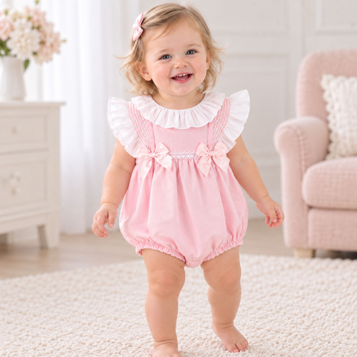 A toddler girl wearing a pink romper with white ruffle trim and bow details, standing on a white rug in a bright, neutral-toned room.