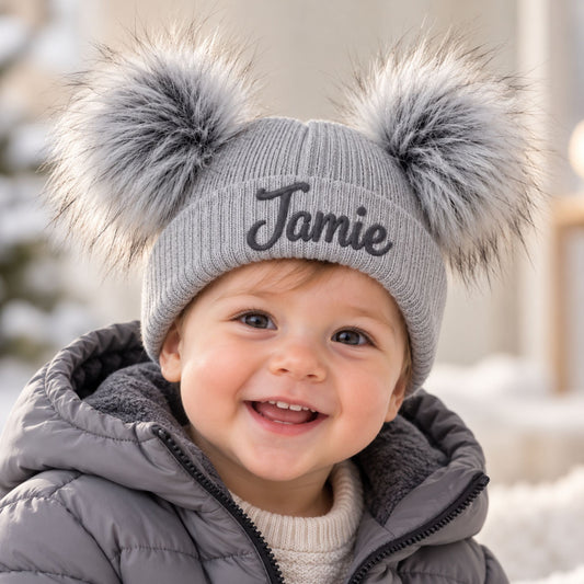 Personalised Grey Double Pom Hat - 6-12 months
