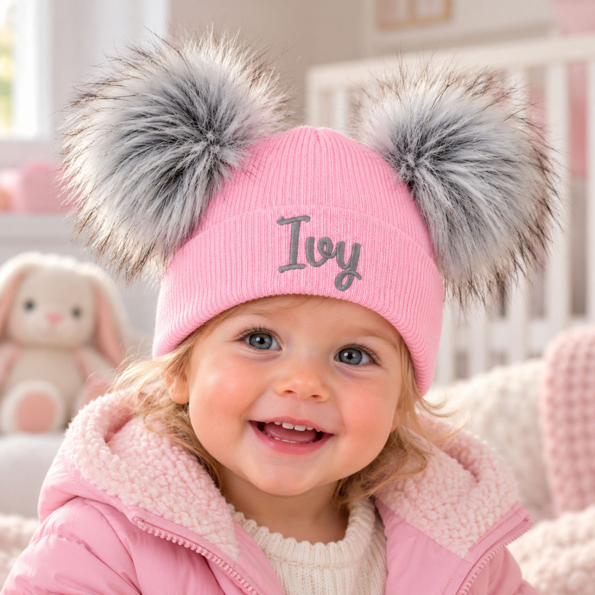 Personalised Pink Double Pom Pom Baby Hat (6–12 Months)