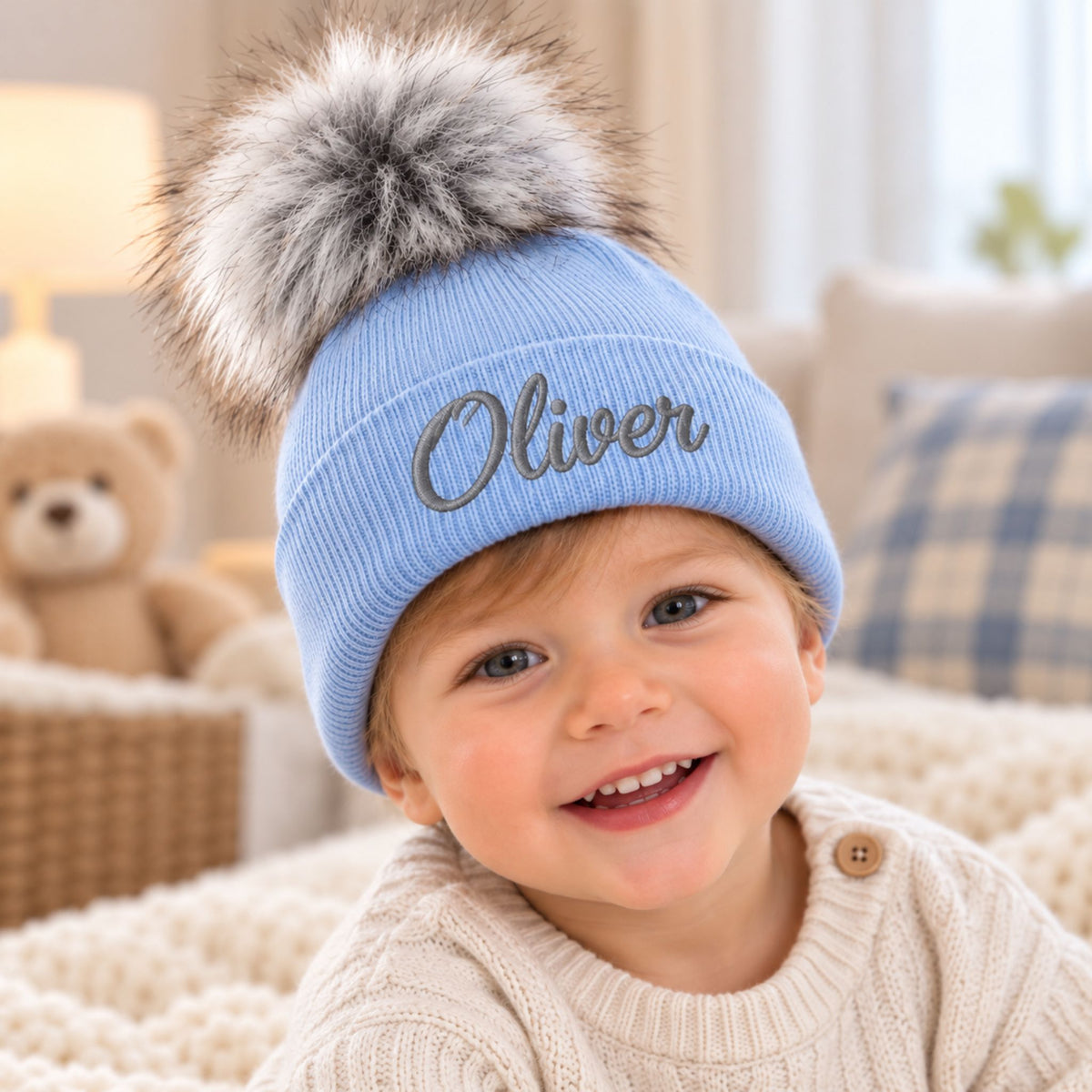 personalised blue toddler pom hat