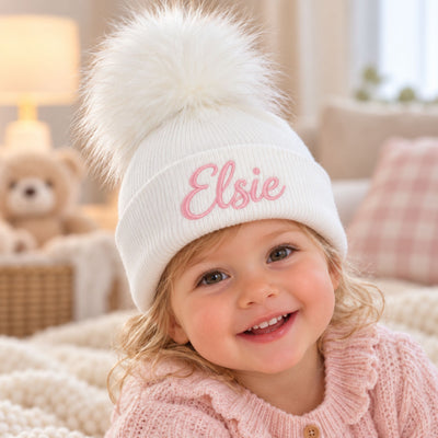 Personalised Pastel White Pom Hat - 1 to 6 years