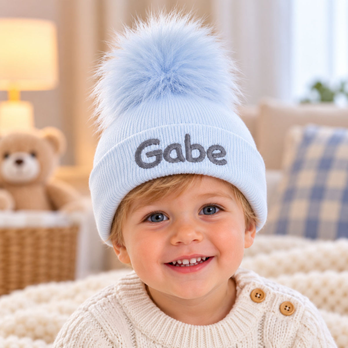 Personalised Pastel Blue Pom Hat - 1 to 6 years
