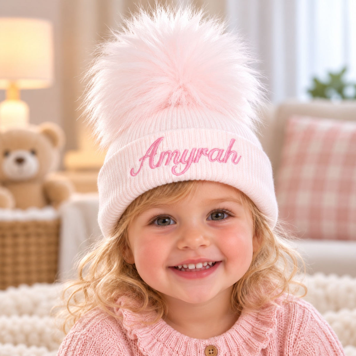 Personalised Pastel Pink Pom Hat - 1 to 6 years