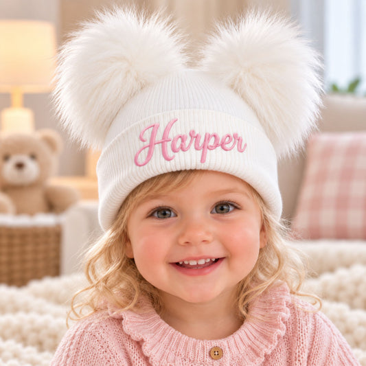 Personalised Kids Double Pom Pom Hat | Faux Fur Hat (1–6 Years)