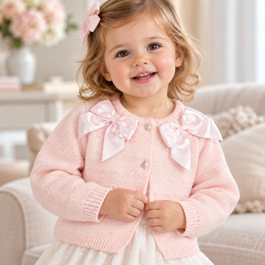 toddler in pink cardigan