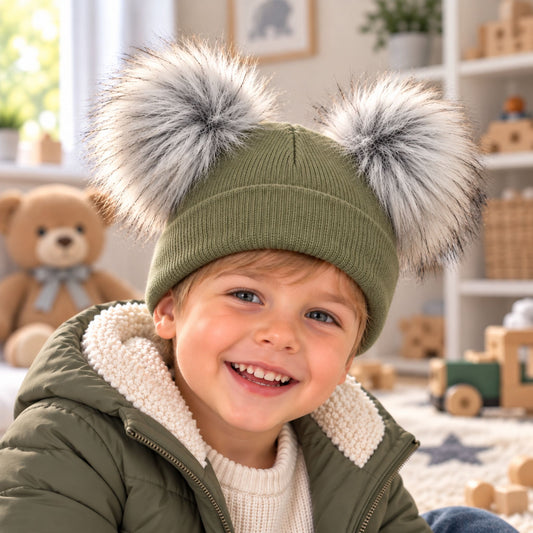 Toddlers Olive Green Double Pom Pom Hat (1–6 Years)