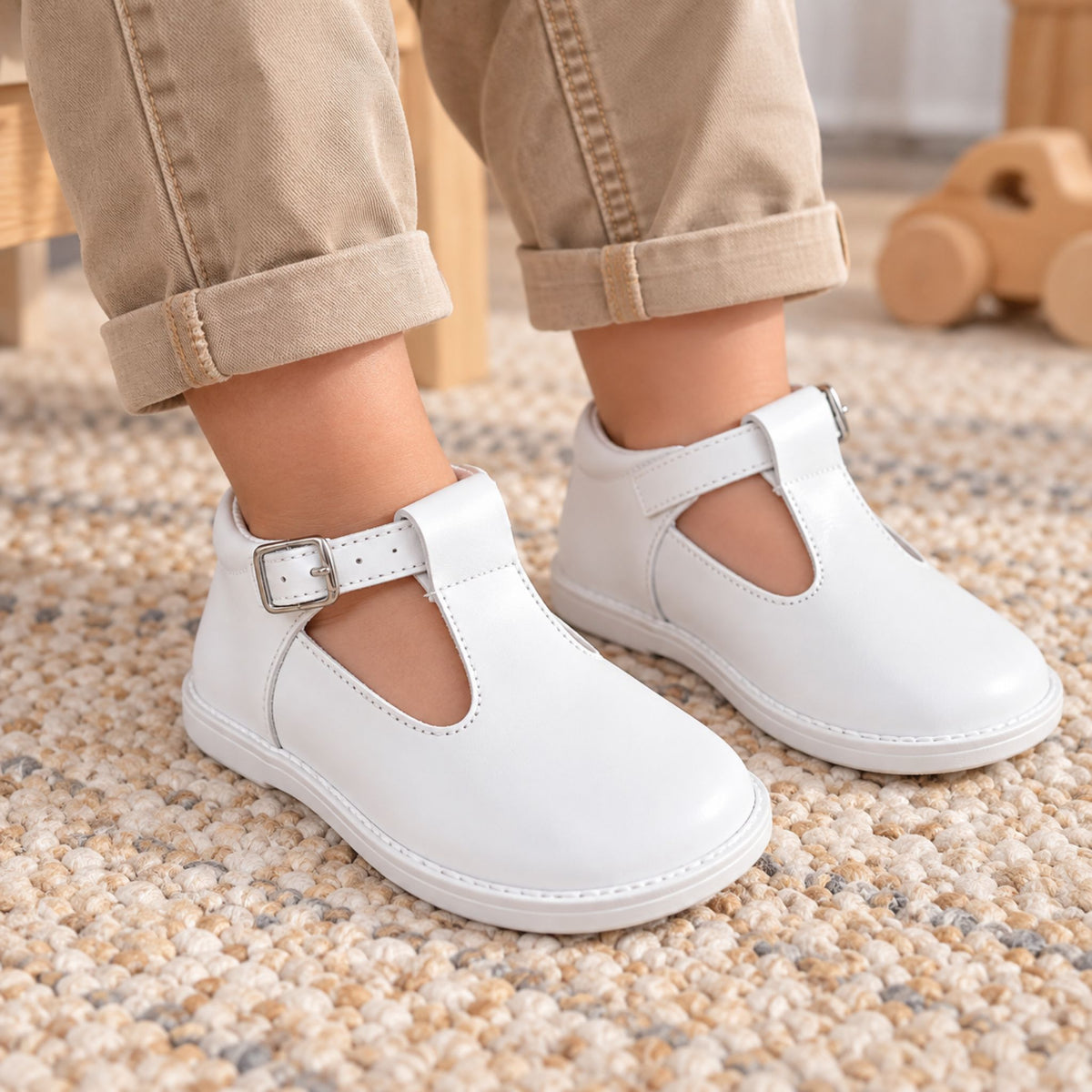 Pex Stef First Walker Shoes - Hard Sole White Leather T Bar