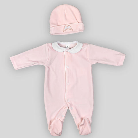 baby girls pink velour sleepsuit angel wings with hat 