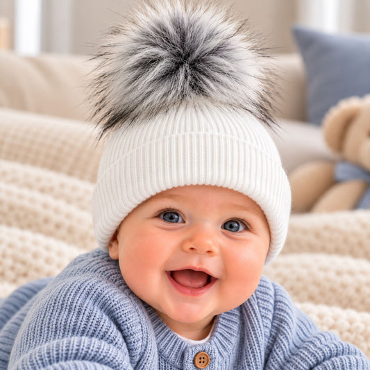 Baby Knitted Pom Pom Hat with Grey Faux Fur Pom (6–12 Months)