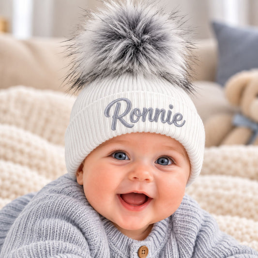 Personalised White & Grey Pom Pom Baby Hat (6–12 Months)