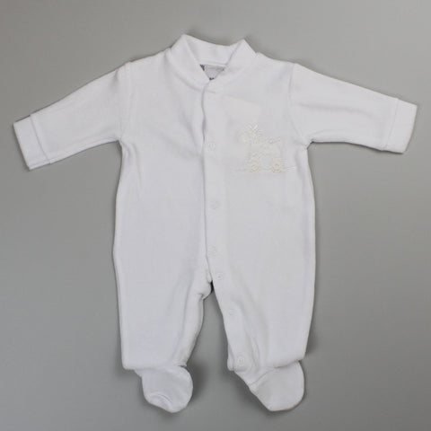 Baby Unisex Velour Sleepsuit - White - Applique Rocking Horse