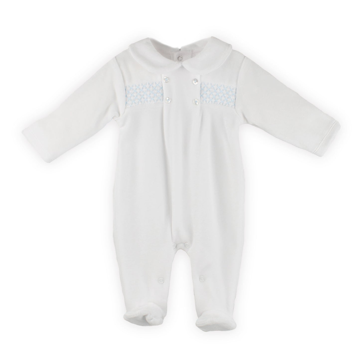 Baby Boys Velour  Sleepsuit with Smocking - White / Blue