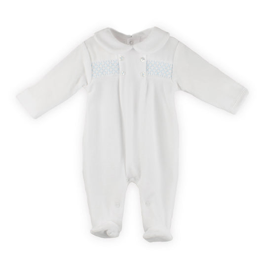 Baby Boys Velour  Sleepsuit with Smocking - White / Blue
