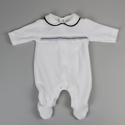 Baby Boys Velour Smocked Sleepsuit - White