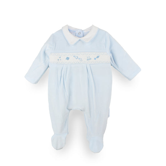 Baby boys blue velour sleepsuit with white smocked panel and space embroidery