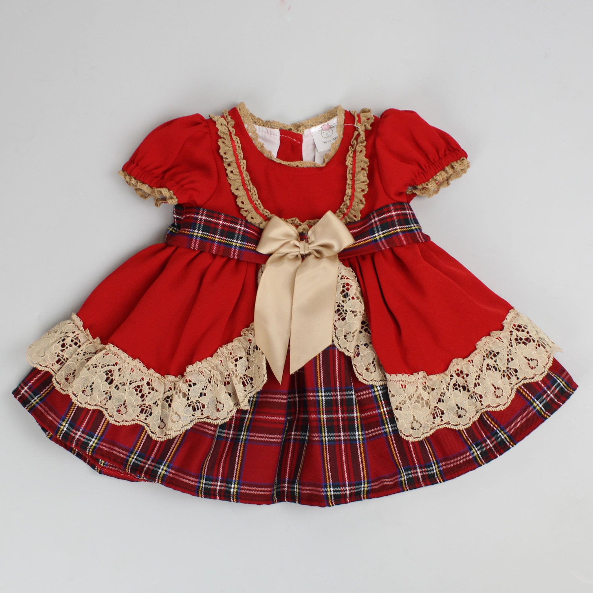 Baby Girls Red Tartan Dress With Gold Bow