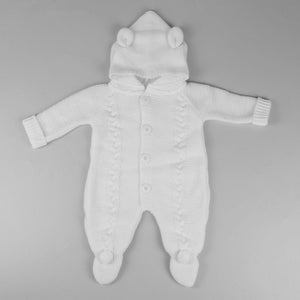 unisex white knitted baby pram suit outfit