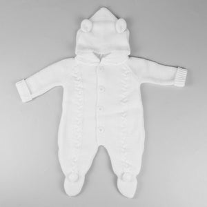 unisex white knitted baby pram suit outfit