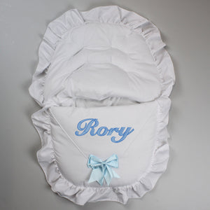 Personalised Car Seat / Cosy Toes - White With Blue Bow