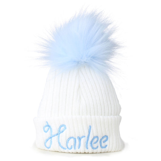 Personalised Baby Hat - White with Blue Pom