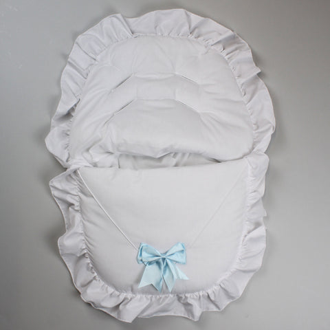 white with blue bow cosy toes car muff
