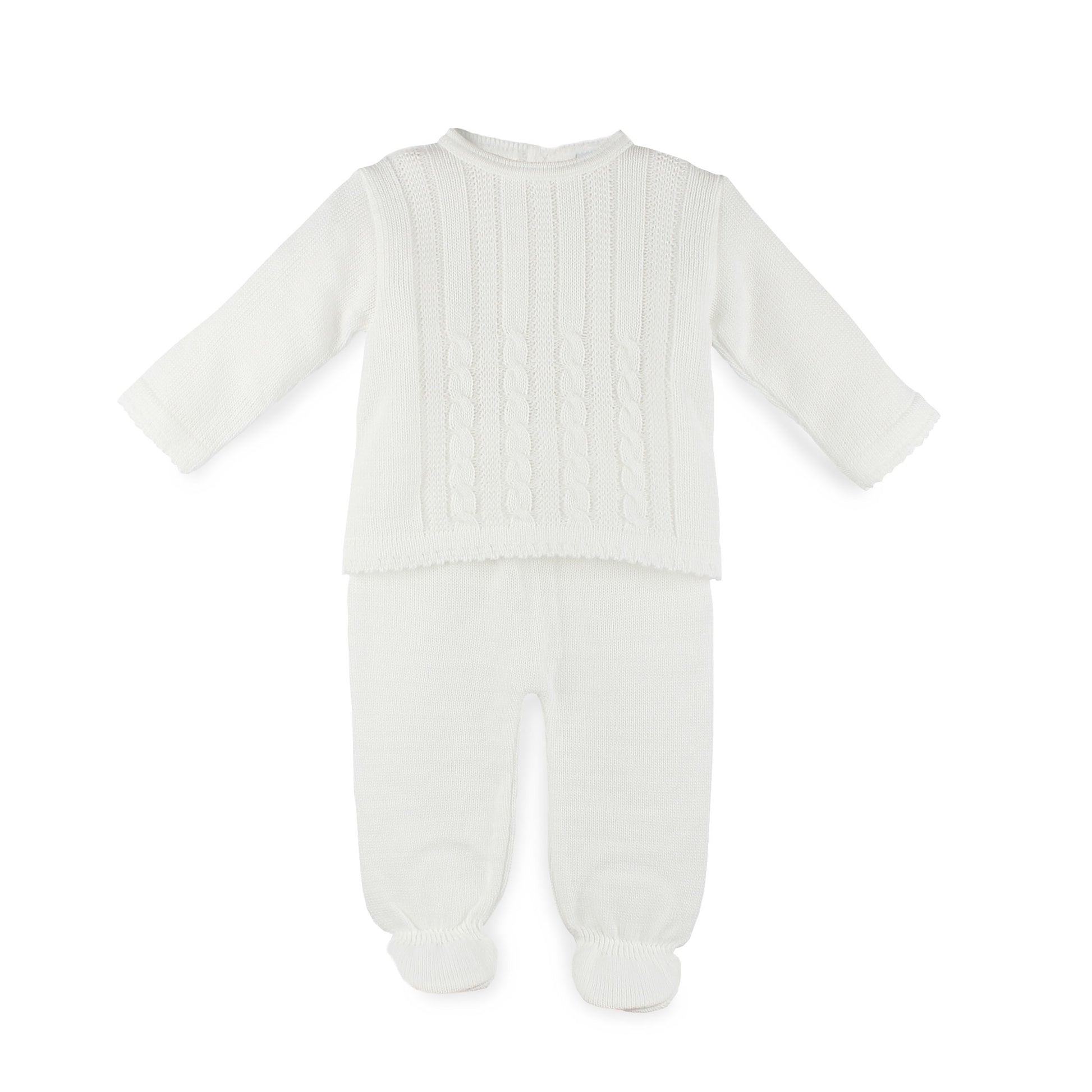White baby knitted two piece outfit with long sleeves and legs on a white background
