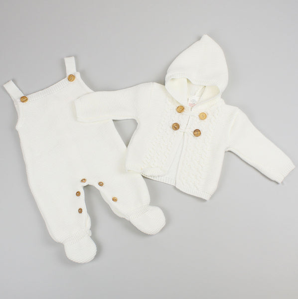 white dungarees and hooded cardigan