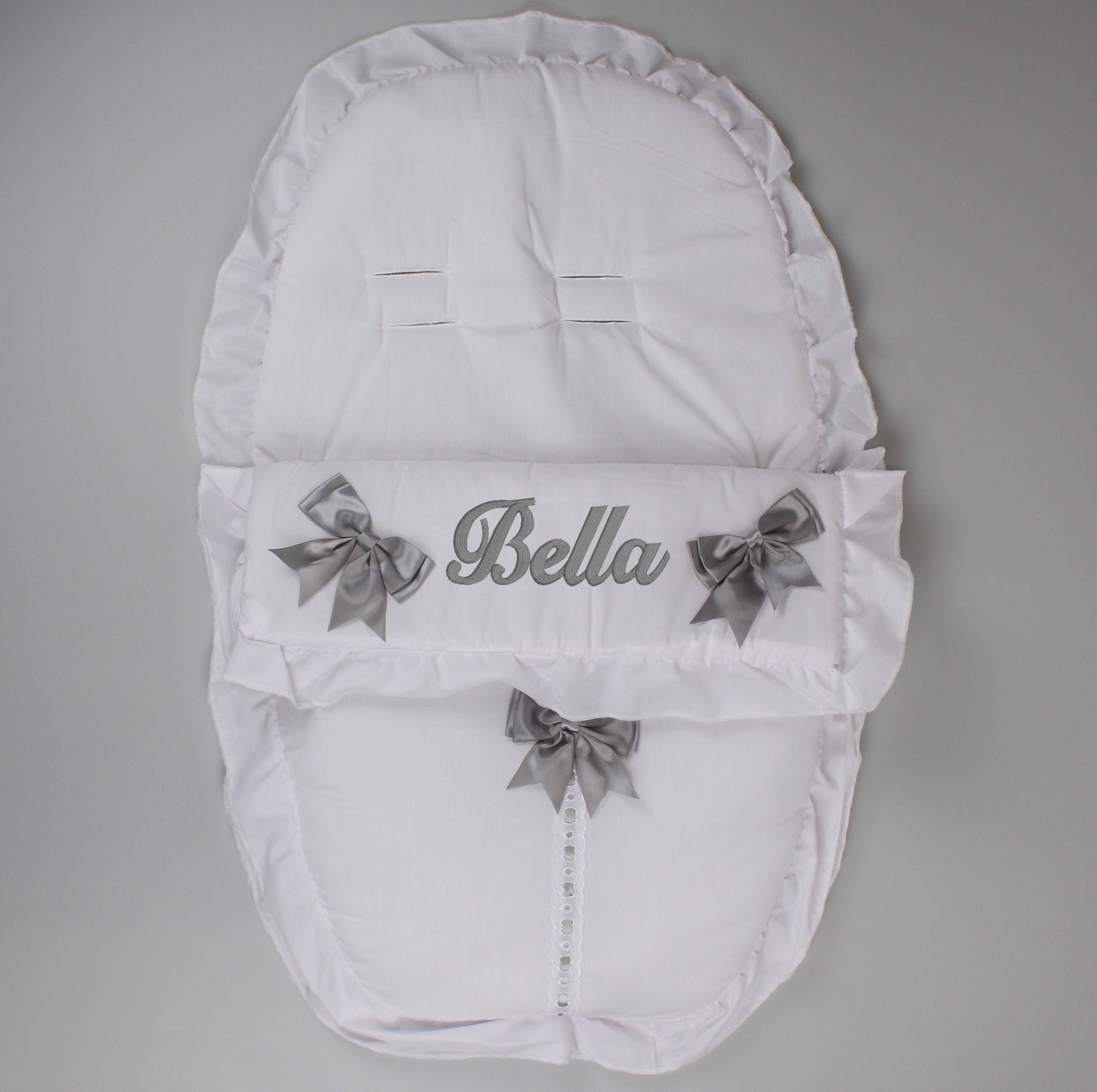 Personalised White Car Seat Cosy Toes / Footmuff with Grey Bows