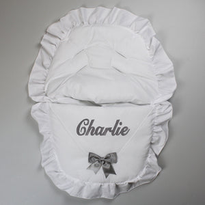 Personalised Car Seat / Cosy Toes - White / Grey With Bow