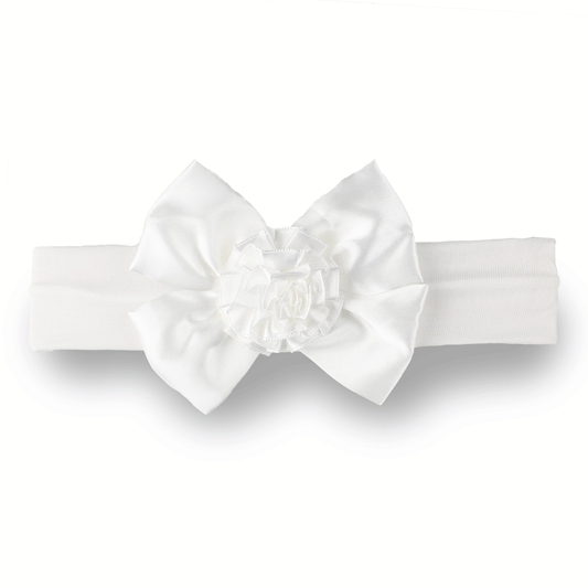 Baby Girls Satin Headband with Bow and Flower - White