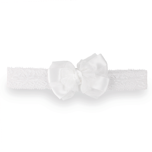 Baby Girls Lace Headband with Satin Bow - White
